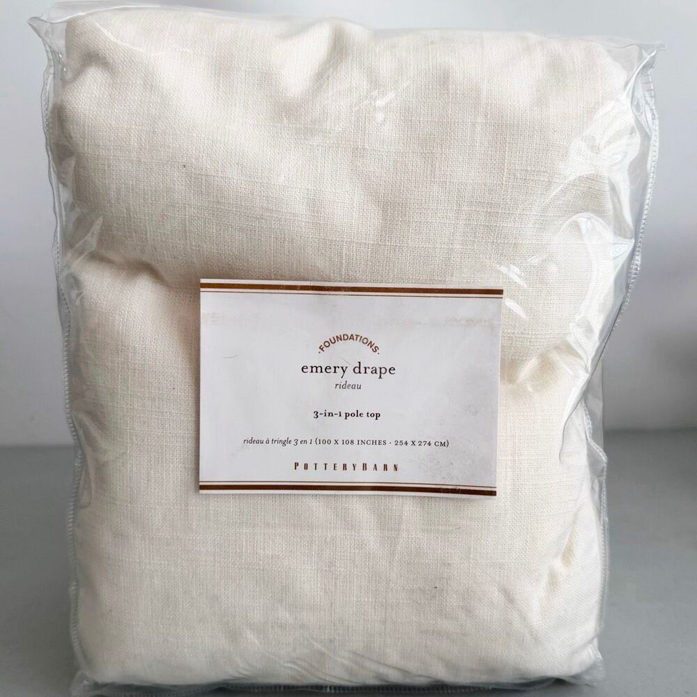 Pottery Barn Emery Linen Light Filtering Curtain NWT Ivory, 100" W × 108" L